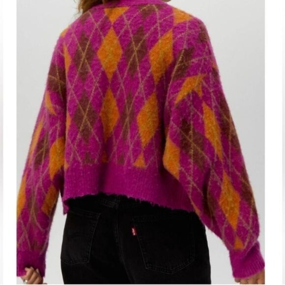Daydreamer fuchsia Sunset Argyle Plaid Cropped Cardigan Sweater, Size Small NWT - Picture 2 of 10